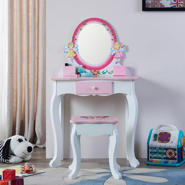 HILIROOM Kids Vanity Set with Mirror and Stool, Girls Makeup Vanity Wooden  Dressing Table with Drawer, Princess Vanity Table - AliExpress